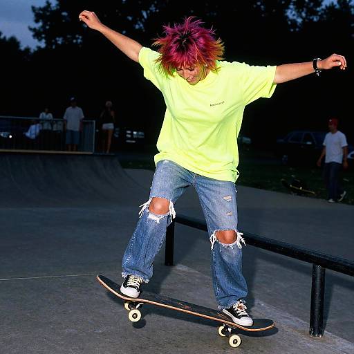 Photograph of a pink-haired skateboarder in a neon yellow shirt and ripped jeans, performing a trick over a black rail in a dimly lit skate