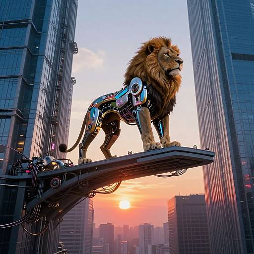 Digital art: Cybernetic lion with glowing blue mechanical parts stands on a futuristic ledge between towering skyscrapers at sunset.