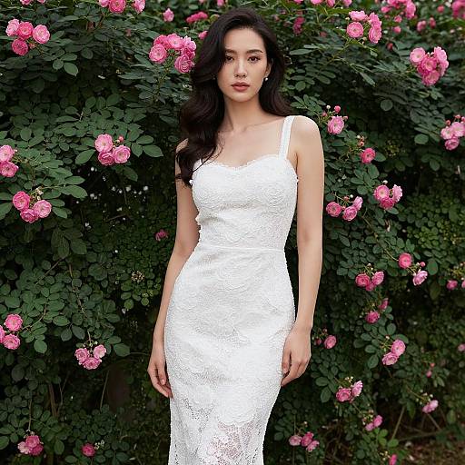 Elegant Woman in Rose Lace Dress