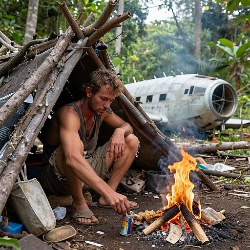 Photograph: Muscular man with short brown hair, wearing a gray tank top and beige shorts, sits by a small campfire in a makeshift wooden