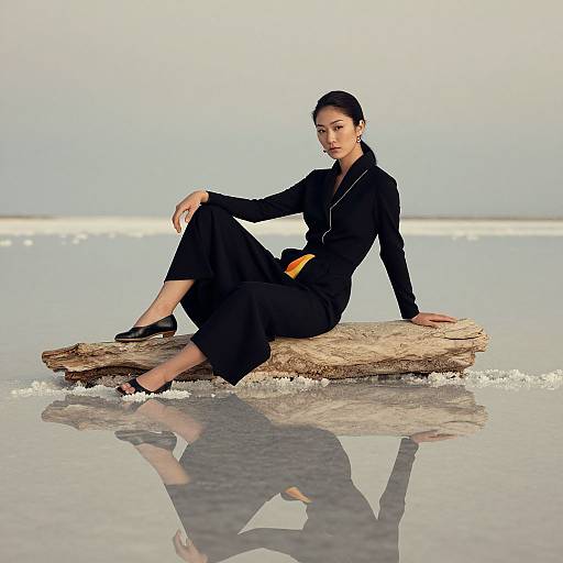 Photograph of an East Asian woman with black hair, wearing a black long-sleeve dress and black flats, sitting on a wooden driftwood piece