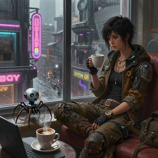Digital artwork of a cyberpunk scene: a dark-haired, androgynous person in rugged clothes sips coffee while a robotic spider sits on a