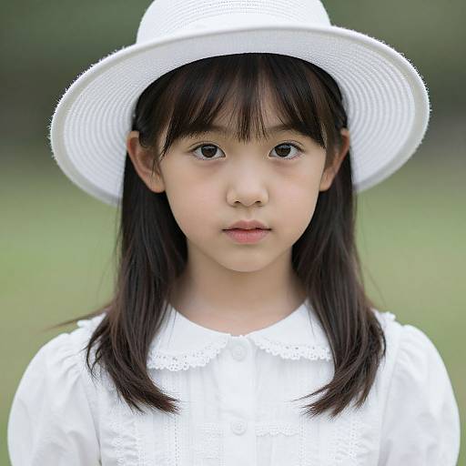 Photograph of an Asian girl with straight black hair, wearing a white wide-brimmed hat and white blouse, against a blurred green background.