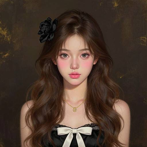 Digital portrait of a young, fair-skinned woman with long, wavy brown hair, black flower hairpin, pink cheeks, black strapless top