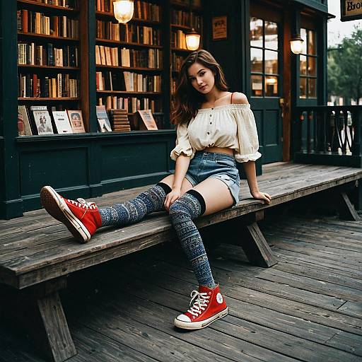 Young woman in casual teen fashion sitting outdoors