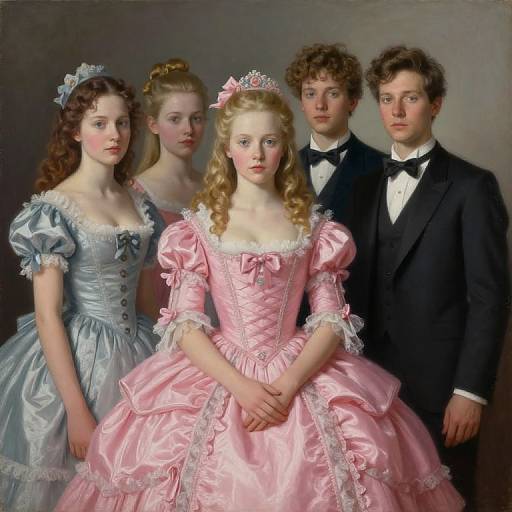 Digital painting of four Victorian children in formal attire: three girls in pastel dresses and one boy in a black tuxedo, standing against a gray