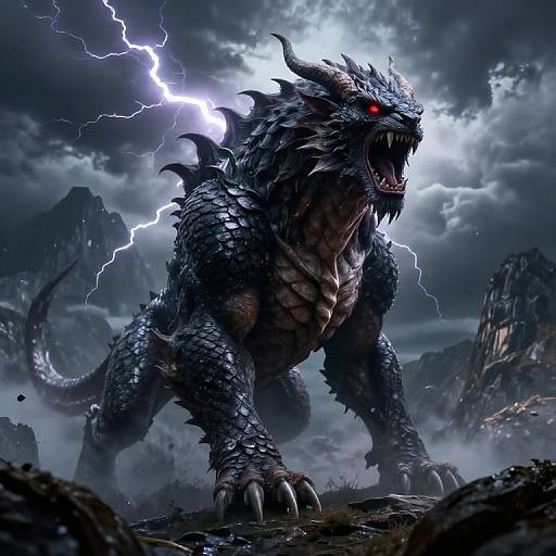 Digital art of a fierce, black-scaled dragon with glowing red eyes, sharp claws, and spiked armor, roaring amidst a stormy sky with lightning