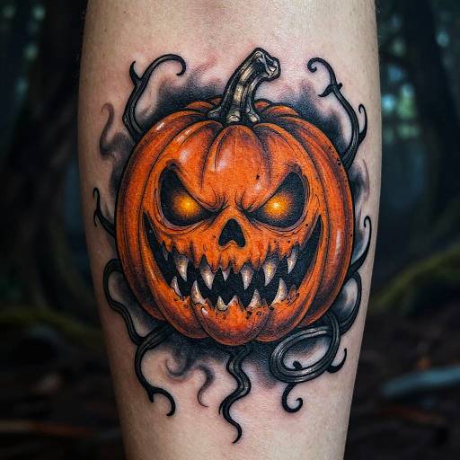 Vivid Halloween tattoo of a sinister, glowing orange pumpkin with sharp teeth and glowing eyes, surrounded by dark, swirling ink on pale skin. Forest background