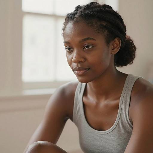 Photograph of a young Black woman with dark skin, curly hair, wearing a gray tank top, sitting indoors near a bright window.