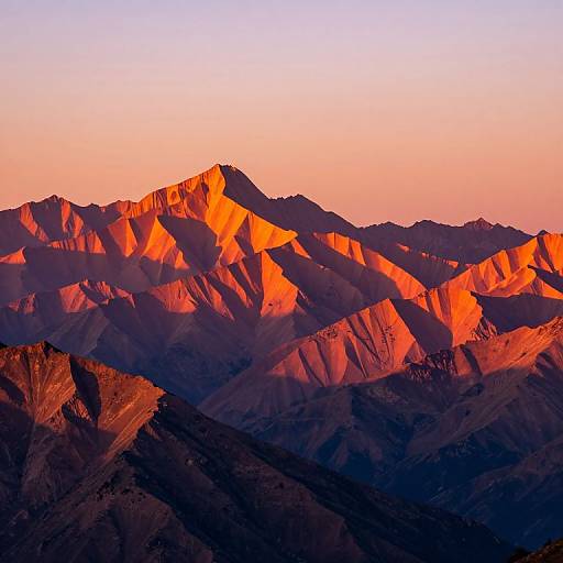 Photograph of a mountain range at sunset, with vibrant orange and pink hues illuminating the jagged peaks against a clear, gradient sky.