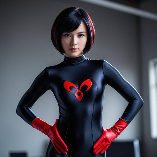 Woman in Black Superhero Bodysuit with Red Gloves