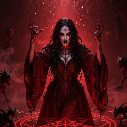 Digital artwork: Dark, gothic witch with long black hair, red glowing eyes, and black dress, stands in red mist, raising clawed hands