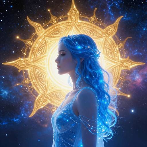 Digital art of a blue-haired woman in a glowing, starry dress, silhouetted against a radiant, golden sun mandala in space.