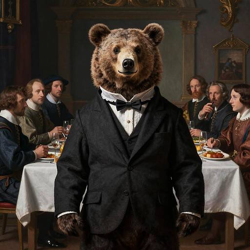 Photograph of a bear in a black formal suit with a bow tie, standing in a lavish, dimly-lit 18th-century dining room