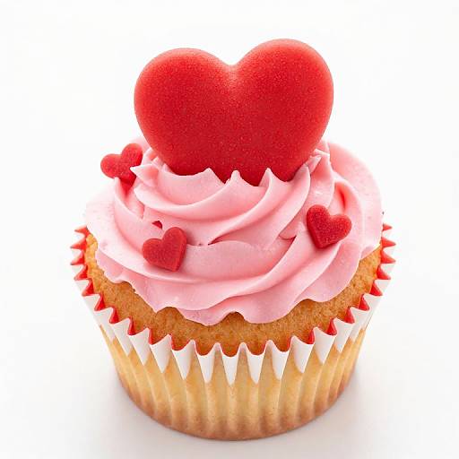 Photograph of a pink-frosted cupcake with red heart decorations, including a large heart on top and smaller hearts among the frosting, in a