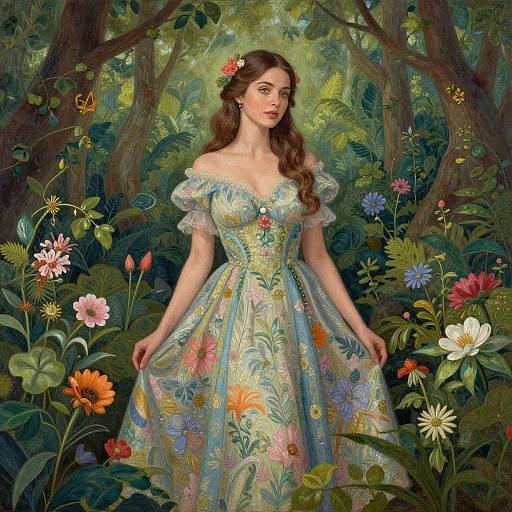 Digital painting of a fair-skinned, brown-haired woman in a floral off-shoulder dress, standing in a vibrant, enchanted forest with colorful flowers