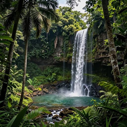 Photograph of a lush, tropical jungle waterfall cascading into a clear, turquoise pool surrounded by dense greenery, palm trees, and ferns.