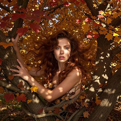 Photograph of a beautiful, fair-skinned woman with long, wavy auburn hair, surrounded by autumn leaves, clinging to a tree branch