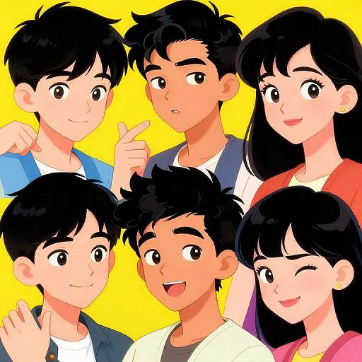 Colorful anime-style digital illustration of six smiling, black-haired characters with expressive eyes, four boys and two girls, against a bright yellow background.