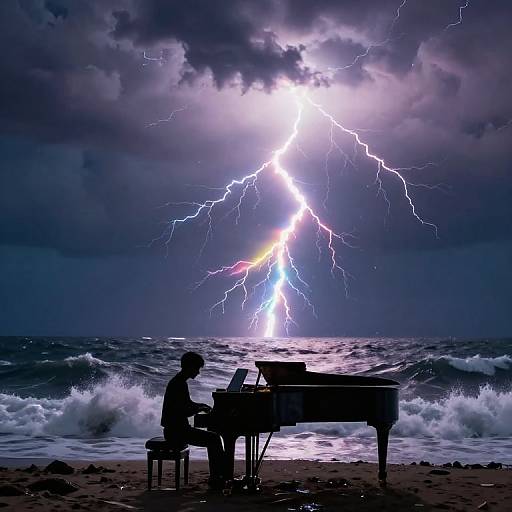 Silhouetted pianist plays grand piano on stormy beach as electrifying lightning bolts split the dark, cloud-filled sky over turbulent waves.
