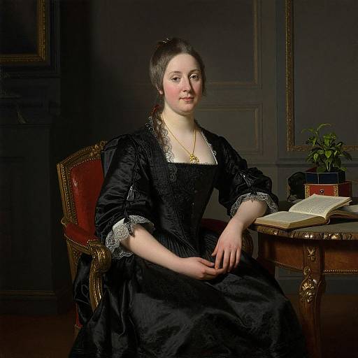 Photograph of a fair-skinned woman in 18th-century black dress with lace, seated on red velvet chair, gold necklace, open book on