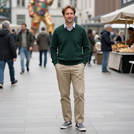 Photograph of a smiling, middle-aged man with brown hair in a dark green sweater, beige pants, and gray sneakers, standing in a busy outdoor