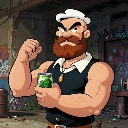 Cartoon-style image of a muscular, bearded man with a white chef hat, black sleeveless vest, flexing arm, holding a can,