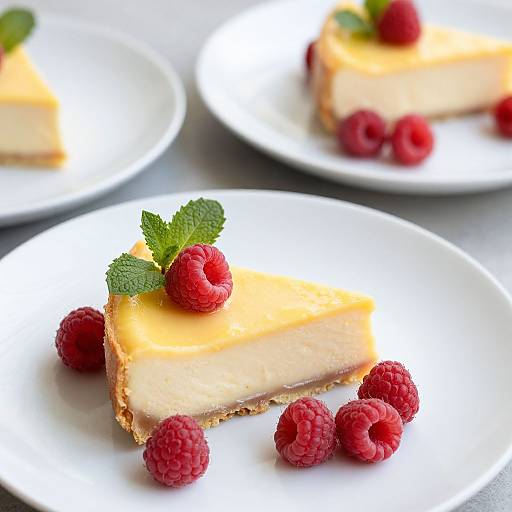 Photograph of creamy lemon cheesecake slices on white plates, garnished with fresh raspberries and mint, with additional raspberries scattered.