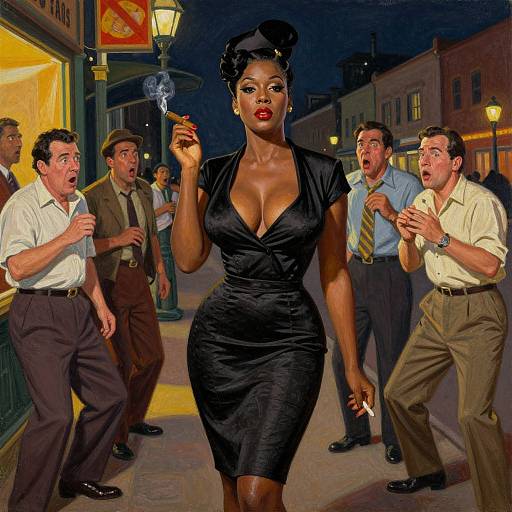 Digital painting of a curvy Black woman in a low-cut black dress smoking, surrounded by shocked men in business attire on a nighttime street.