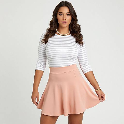 Photograph of a woman with long dark hair, wearing a white striped shirt and a pink, flared skirt, standing against a white background.