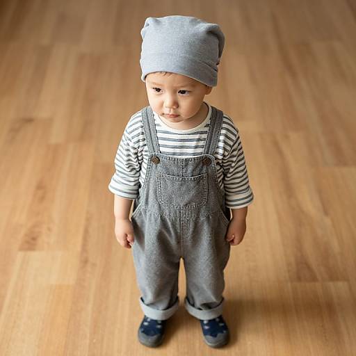 Photograph of a young boy with light brown skin, wearing a gray bear hat, striped shirt, gray overalls, and navy shoes, standing on