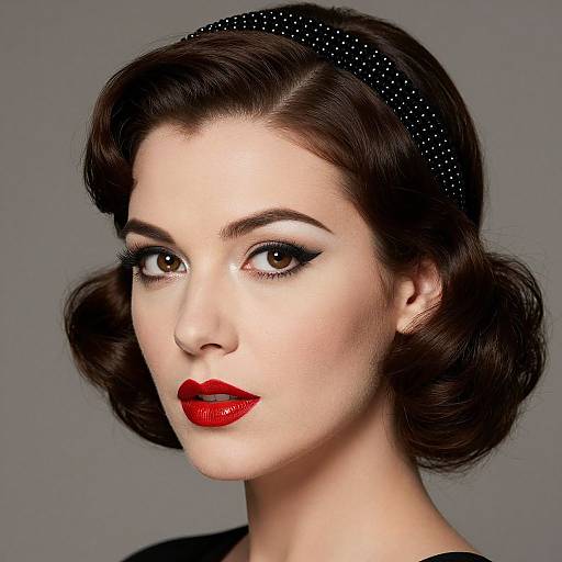 Photograph of a fair-skinned woman with vintage-style dark brown hair, red lipstick, black polka dot headband, and dramatic eyeliner,