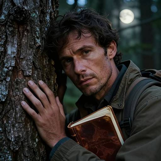 Photograph of a rugged, middle-aged man with curly dark hair and stubble, leaning against a tree in a forest, holding a worn leather book