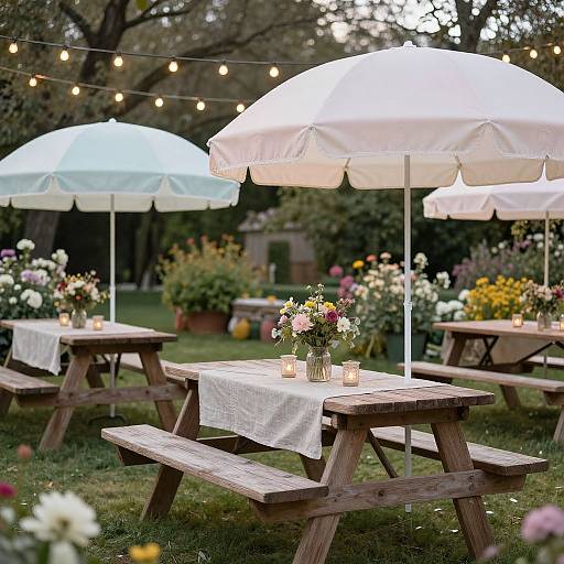 Garden picnic tables with umbrellas and flowers