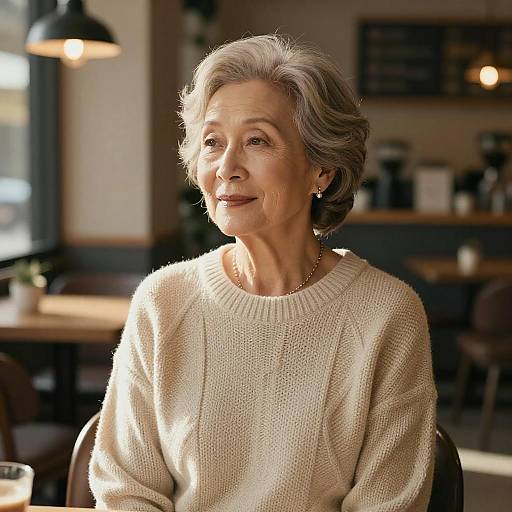 Photograph of an elderly woman with short gray hair, wearing a beige knit sweater, sitting in a sunlit, cozy café.