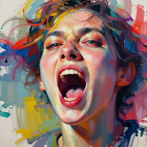 Vibrant digital painting of a young person with messy hair, open mouth, and expressive eyes, set against a colorful abstract background.