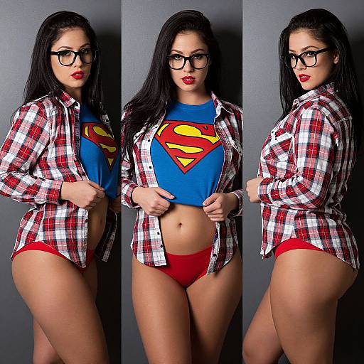 Confident Curvy Woman in Plaid and Superman Tee