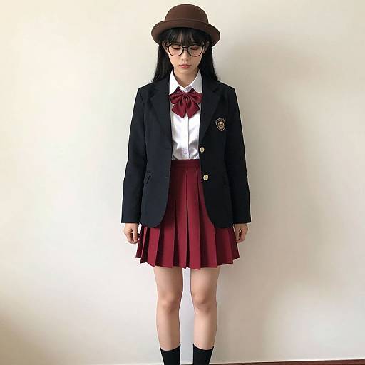 Photograph of a young woman with long black hair, glasses, brown hat, black blazer, white shirt, red bow tie, maroon skirt