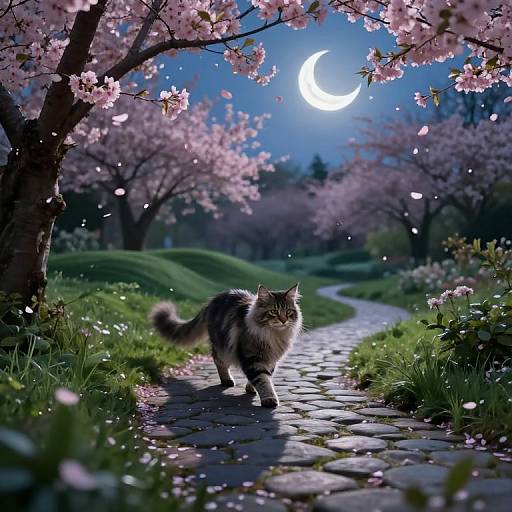 Photograph of a fluffy, striped cat walking on a cobblestone path under cherry blossom trees, with a full moon and falling petals in a lush