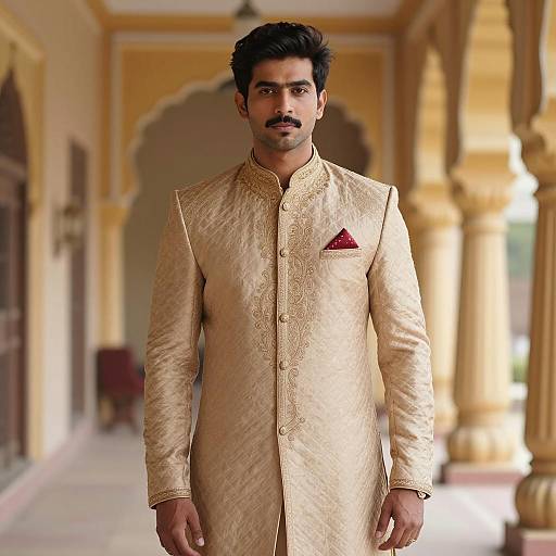 Young Indian Man in Beige Sherwani