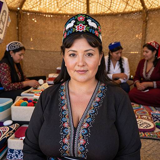 Photograph of a smiling Middle Eastern woman with dark hair, wearing a black embroidered blouse and floral headscarf, in a tent with other women in