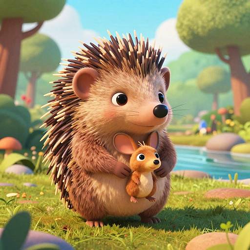 CGI image of a cute, cartoon-style hedgehog with spiky brown and white fur, holding a tiny, smiling mouse, in a vibrant,