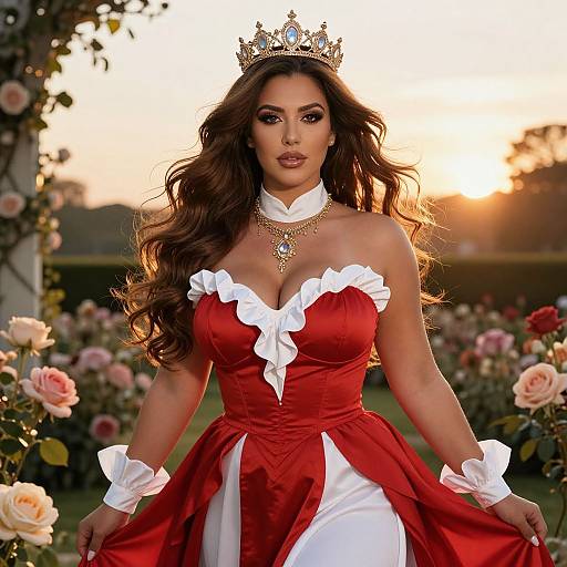 Photograph of a beautiful Latina woman with long brown hair, wearing a red and white strapless princess dress, gold tiara, and necklace, standing