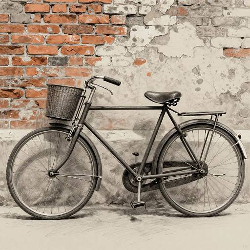 Photograph of a black vintage bicycle with a wicker basket, parked against a weathered brick and plaster wall.