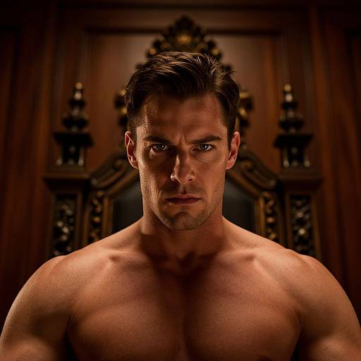 Photograph of a muscular, shirtless man with short dark hair, intense gaze, and defined chest, set against a dark, ornate wooden background