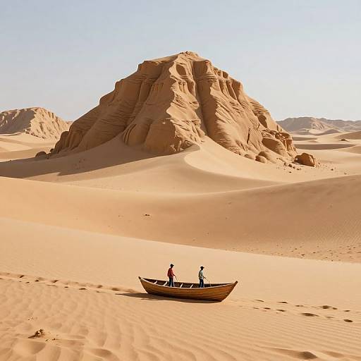 Miniature Boat Sailing on Sand in Surreal Desert