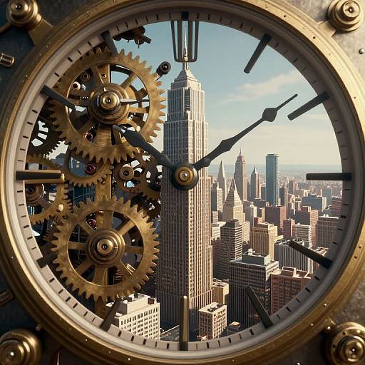 Photorealistic CGI of a steampunk clock with intricate brass gears, displaying a bird's-eye view of a sunlit New York City skyline,