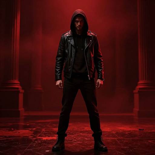 Photograph of a mysterious man in a black leather jacket and hood, standing center-stage under intense red lighting, with columns in the background, creating a