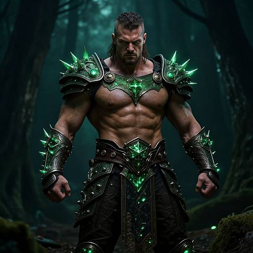 Photograph of a muscular, bearded man with glowing green armor, standing in a dark, foggy forest. His armor features sharp, green-l