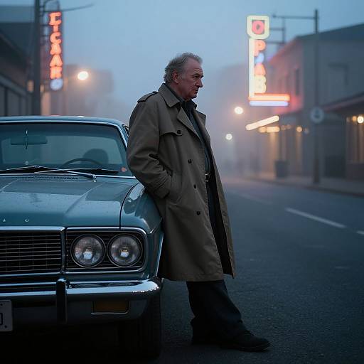 Photograph of middle-aged man in long brown coat, leaning against vintage blue car on foggy, neon-lit street at dusk.